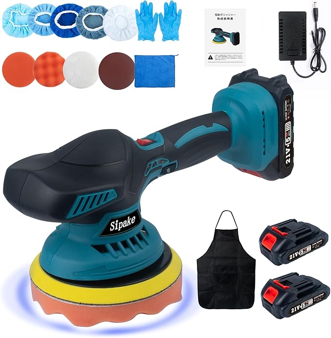 ポリッシャー 車 電動ポリッシャー バフ 150mm「マキタ バッテリー対応」 6段変速 ダブルアクションポリッシャー 充電式 21V 1500mAhバッテリー2個搭載 5000回転/分 偏心構造 車