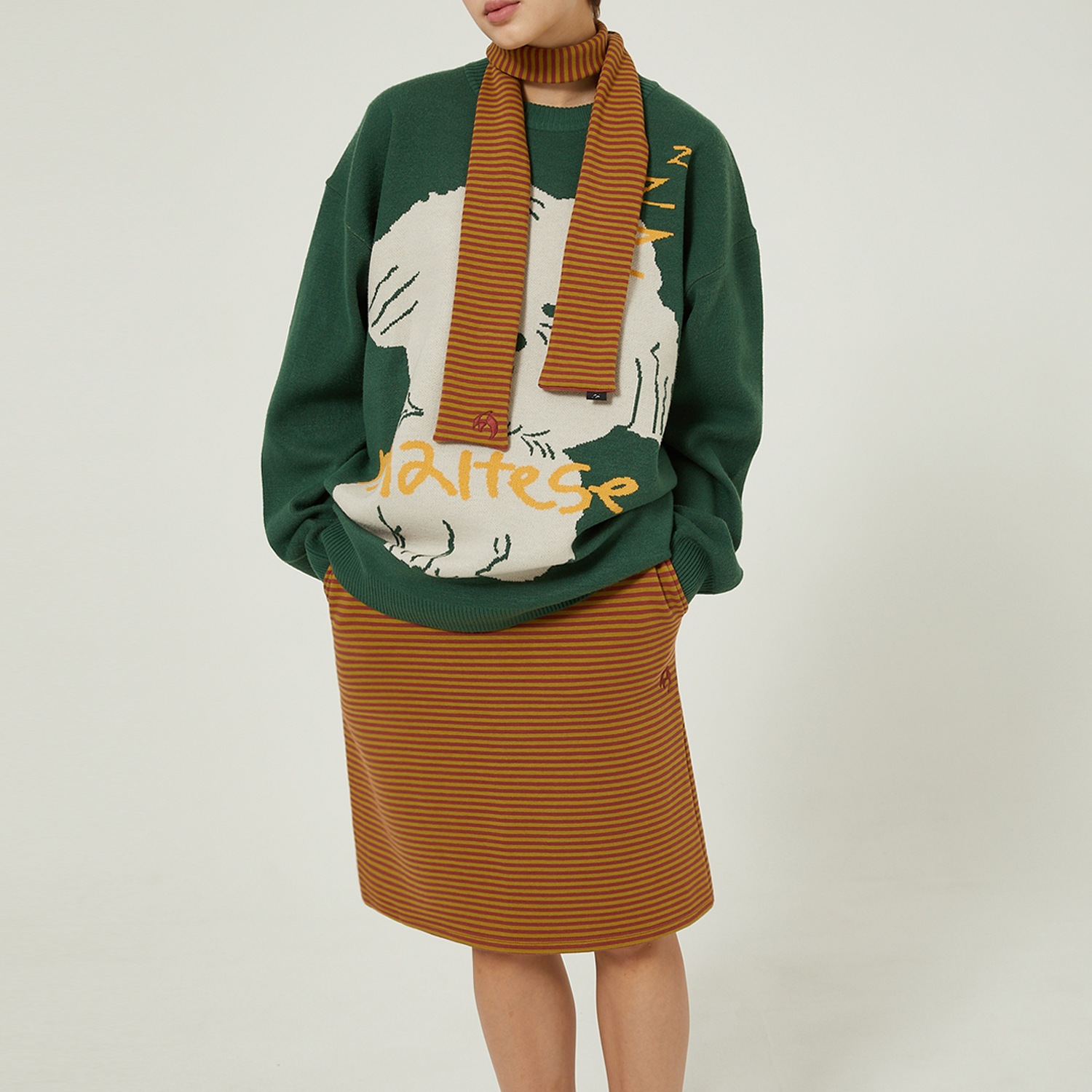 Dolphin embroidery stripe banding skirt MUSTARD