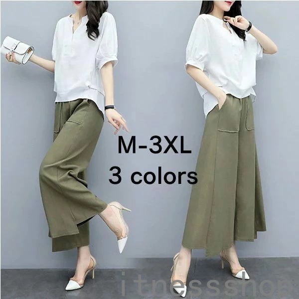 新生活 母の日 プレゼント パンツスーツ レディース 40代 セットアップ 夏 おしゃれ 50代 20代 カジュアル 上下セット Tシャツ 半袖 Vネック 綿麻 大きいサイズ 韓国風 着痩せ 通勤