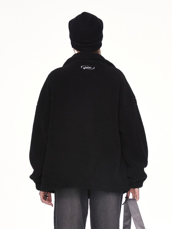 GUUKAトレンドのブラックラムスキンジャケットレディース秋冬新作カップルステッチ四角星厚手コートルーズ