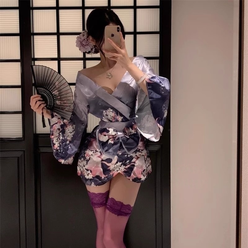 着物セクシートランポリン ふじんふくvネック蝶結び外着cos せいふく花間狐紫ギャルワンピース