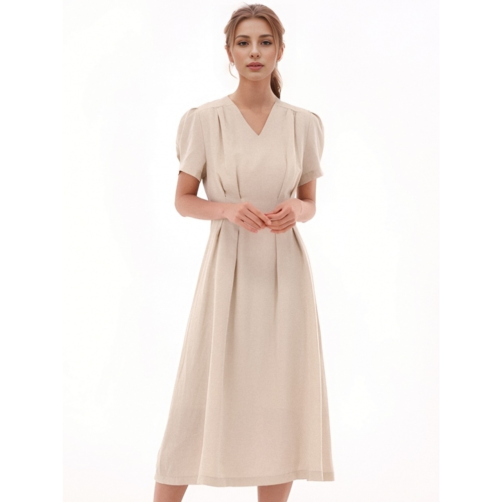 ACUD Vネックリネンドレスベージュ