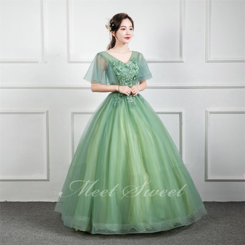 カラードレス プリンセスライン グリーン フレアスリーブ Vネック ロングドレス ウェディングドレス 結婚式 二次会 花嫁 前撮り 演奏会 発表会 ステージ衣装