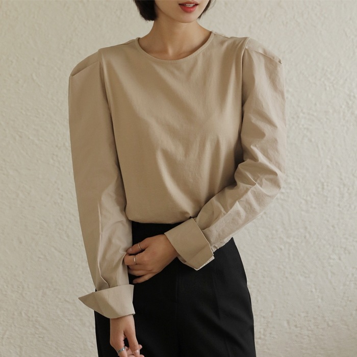 [韓国ファッション] タック入りショルダー ロングスリーブ 異素材シルケットブラウス