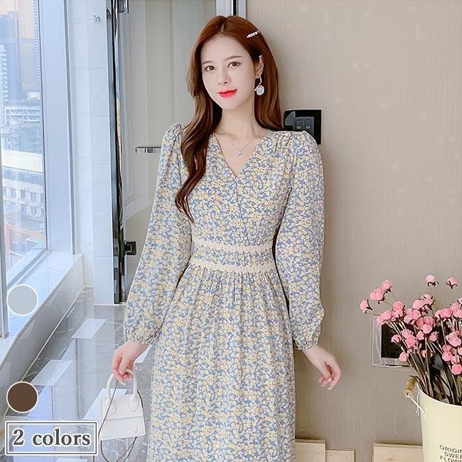 春 夏 柄ワンピ 長袖 レディース ワンピース Vネック ロングワンピ 春 花柄ワンピース マキシ丈 ウエストゴム 春ワンピース 花柄 長袖ワンピース
