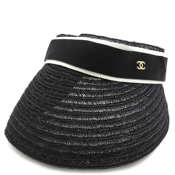 ココマーク リボン ブラック コットン アバカ サンバイザー 黒 ストロー リネン 麻