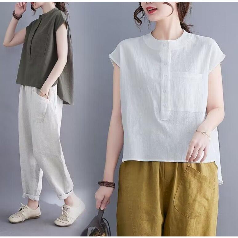 シャツ ブラウス プルオーバー ベージュ 綿 麻 トップス カジュアル風 体型カバー ノースリーブ レディース ゆったり 夏 白 【新品現品】シャツブラウス