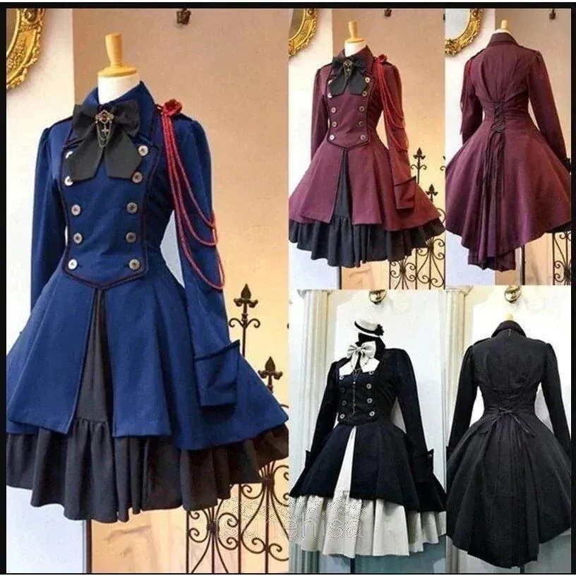 軍服風 コスプレ 制服 長袖 スカート4色 超目玉 ゴスロリ 膝丈ワンピース ワンピース ロリータ 衣装 ドレス