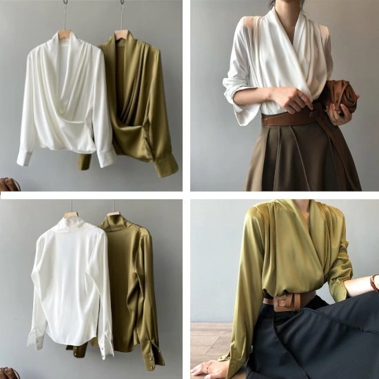 シャツブラウス レディースシャツ ブラウス 長袖 オフィス Vネック トップス 無地 エレガント Vネックシャツ サテン おしゃれ フォーマル 体型カバー 通勤 シャツ 春秋 きれいめ 上品