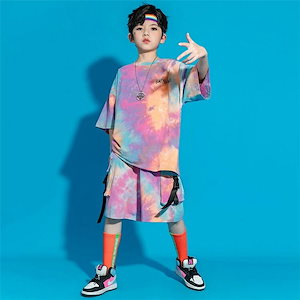 新品 タイダイ柄とキッズダンス衣装 セットアップ 韓国 子供服 カラフル ヒップホップ 衣装 女の子 男の子 キッズ ダンス 衣装 カラフル 上下セット 小学生 演出服 子供 ダンス衣装 かっこいい