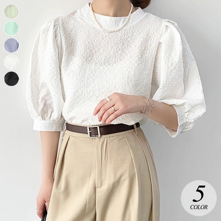 【2025新作 急速出荷】ぽこぽこ素材 後ろリボン パフスリーブ プルオーバー ブラウス 半袖 五分袖 トップス ボトルネック 無地 ストライプ ゆったり フレア 可愛い カジュアル フェミニン きれ
