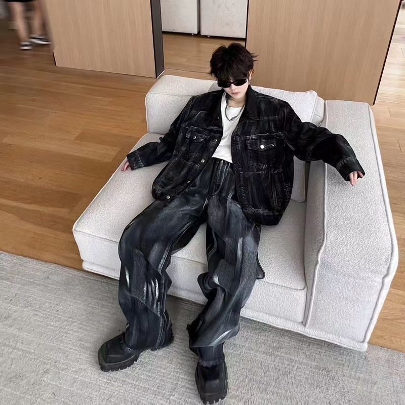 【人気メンズセット】メンズ ストリートブランド ワルカッコよい 水洗いデニム はつぼく ジャケット + パンツ 2 点セット