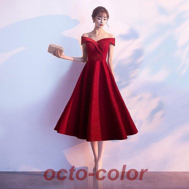 オフショルダー ワイン赤 ドレス ミモレ丈 パーティードレス Aライン ひざ下丈 30代 40代 結婚式 二次会 お呼ばれ イブニングドレス ドレス