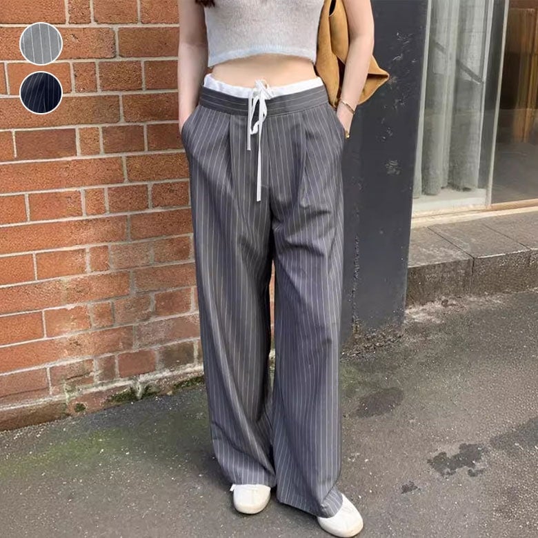 ストレートパンツ レトロ ハイウエスト 通勤 オフィス OL ビジネス ストライプ