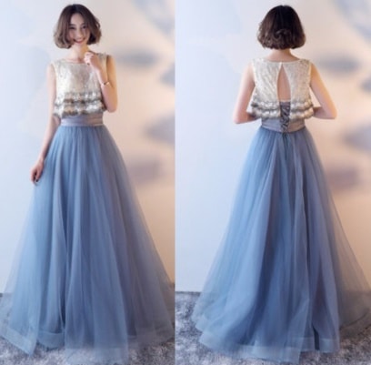 ロングドレス 花柄 レース ビジュー セパレート風 チュール エレガント キラキラ感 スカラップ フレア 結婚式二次会 お呼ばれ 2018年新作 婚活パーティー フォーマルドレス 披露宴