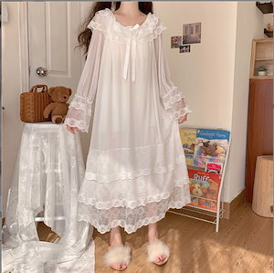 オートクチュール!ロング ワンピース ナイティー ネグリジェ ルームウェア パジャマ レディース 大人 姫 プリンセス ロリータ ロリ ゴスロリ 甘ロリ 姫系 かわいい 可愛い 長袖 贅沢なレース か