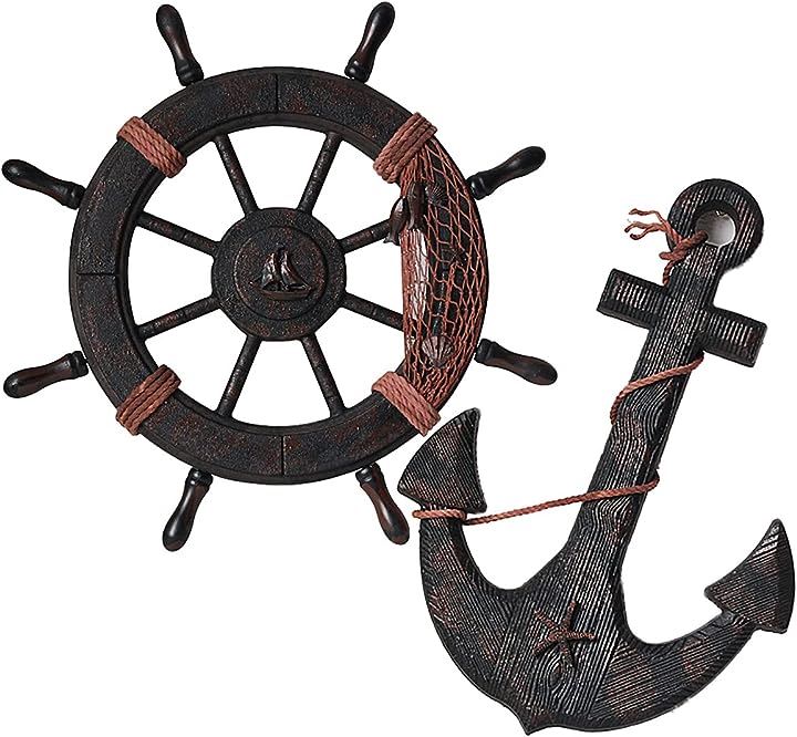 木製 船 インテリア ガーデニング オブジェ 地中海 マリン ディスプレイ( 錨 舵輪 セット, Large)