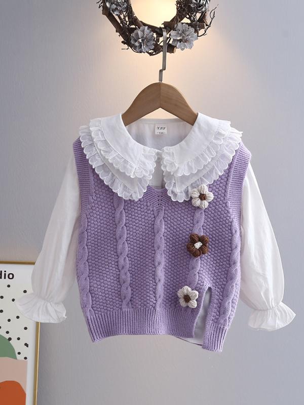デビューした新品子供服 女の子用 ベスト シャツ セットアップ 春秋 アンサンブル Vネック ニットトップス ノースリーブ カットソー ブラウス パープル ピンク グリーン イエロー ホワイト 90