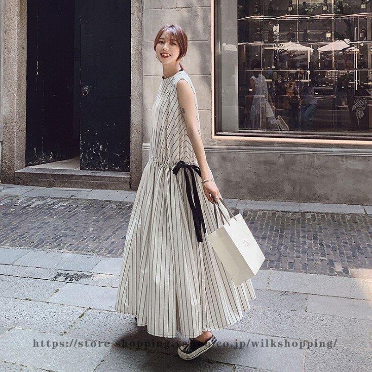 【短納期】マキシワンピース ワンピース ロング レディース 夏 ノースリープ 蝶結び マキシ丈 フレア 韓国 ストライプ オシャレ 着痩せ 上品 大人可愛い ドレス
