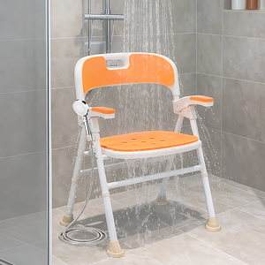 [国内即発送]2シャワーチェア 折りたたみ 跳ね上げ式肘掛け 6段階高さ調整 耐荷重150kg アルミ合金フレーム EVA防寒クッション シャワーフック付き 背もたれ取り外し可能 多機能 軽量 滑り止