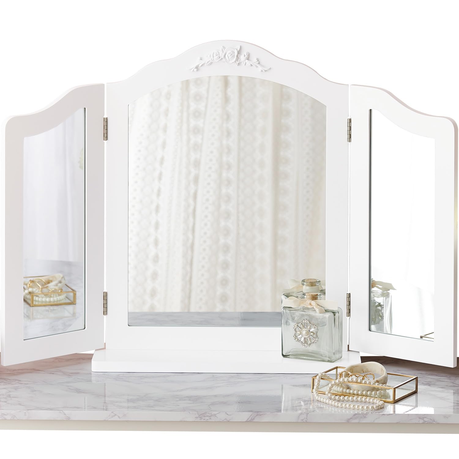 三面鏡 卓上 女優 ミラー 姫系 エレガント 折りたたみ 大きめ ライトなし 幅84 奥行14.5 高さ56.5 ホワイト MD-6697WH