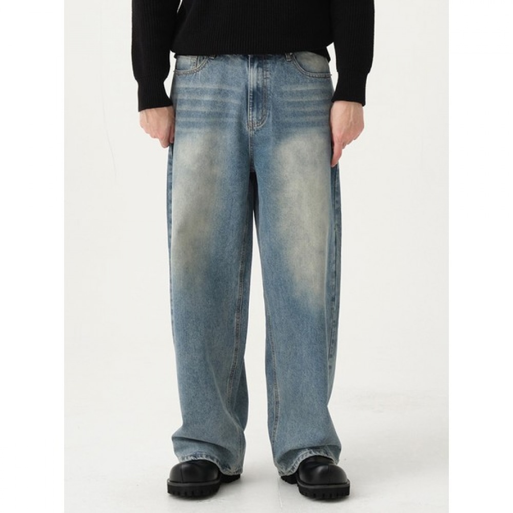 [JINMANIA] ビンテージブルーウォッシュユニセックスバルーンフィットワイドデニムパンツ