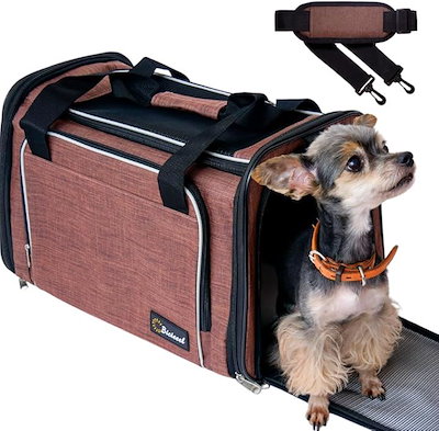 他サイト： 犬 猫 キャリーバッグ ペットキャリーバッグ 多機能 丈夫 軽い 型崩れなし 出入りらくらく 2ポケット 大きめ Mサイズ 夏冬対応マット 折り畳み 小型犬 中型犬(ブラウン, M)の商品画像