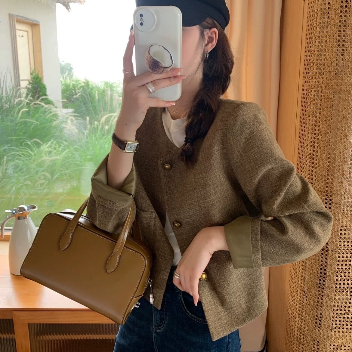 アウター ジャケット ノーカラー シングルブレスト ショート丈 長袖 大人可愛い シンプル お洒落 こなれ感 普段使い