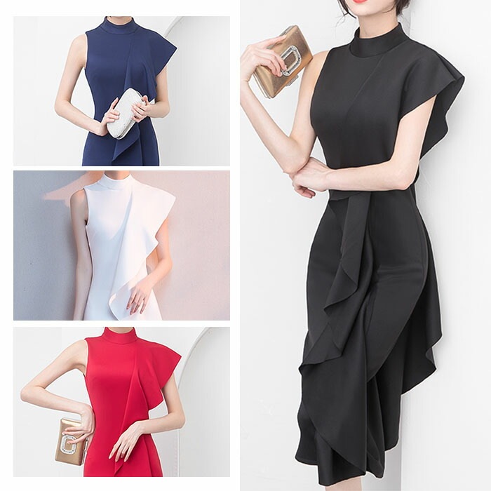 パーティードレス ワンピース アシンメトリー フリル ハイネック black white ワイン レッド タイト ハイウェスト ノースリーブ パーティー 結婚式 二次会 セクシー 8,456円