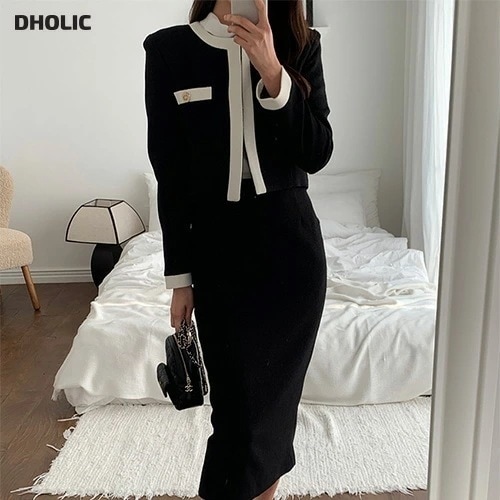 [メガ割りSALE]配色ポケットツイードジャケット&IラインスリットスカートSET