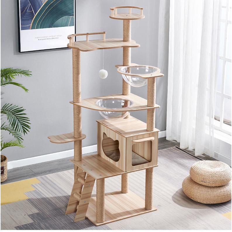 キャットタワー 猫タワー 木製 据え置き 高さ170cm おしゃれ 大型猫 透明宇宙船 猫ハウス ネコ 猫用 多頭飼い 爪とぎ 麻紐 運動不足 頑丈