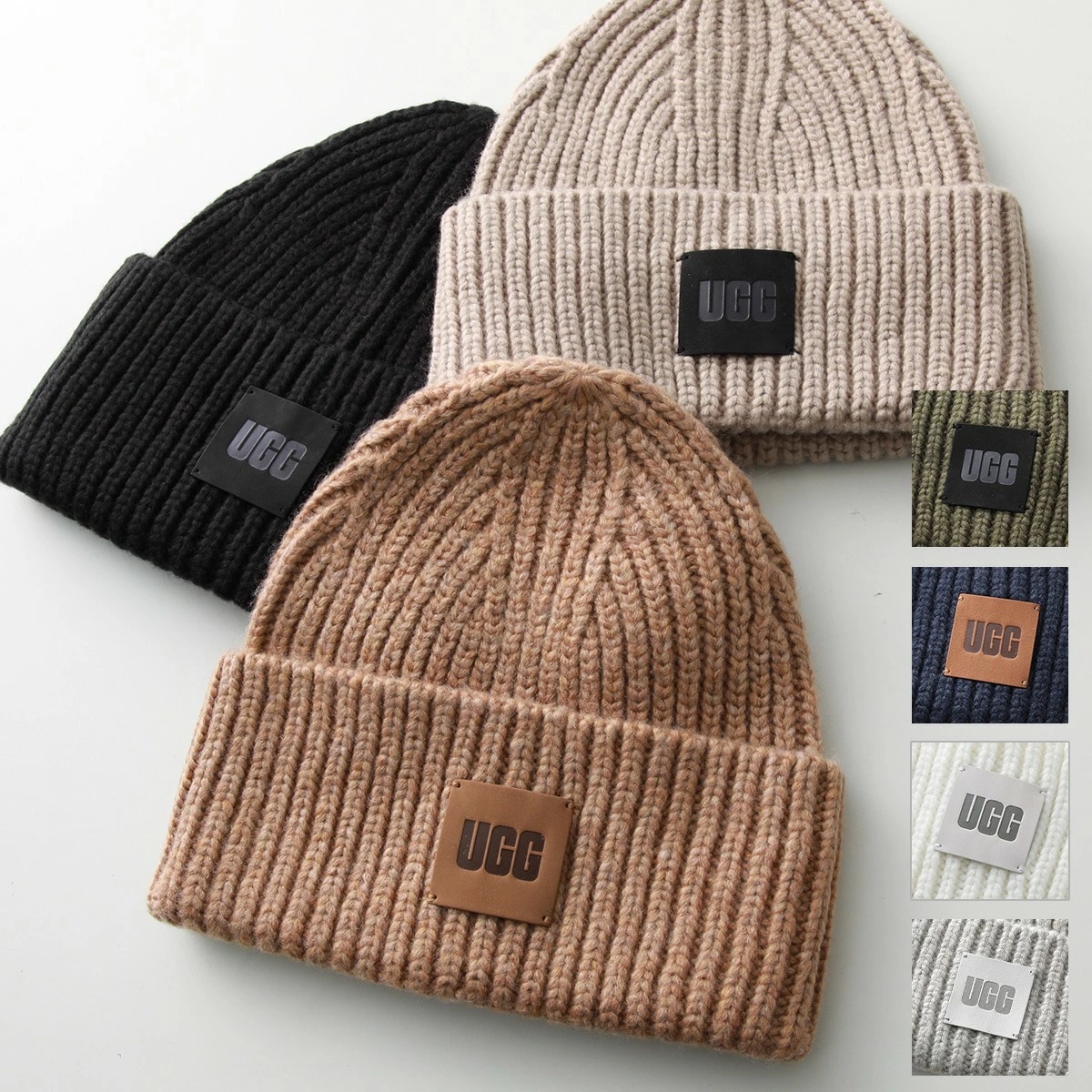 UGG アグ ニット帽 W CHUNKY RIB BEANIE W LOGO 20061 メンズ ウールブレンド ロゴ チャンキーリブ ビーニー ニットキャップ 帽子 カラー7色
