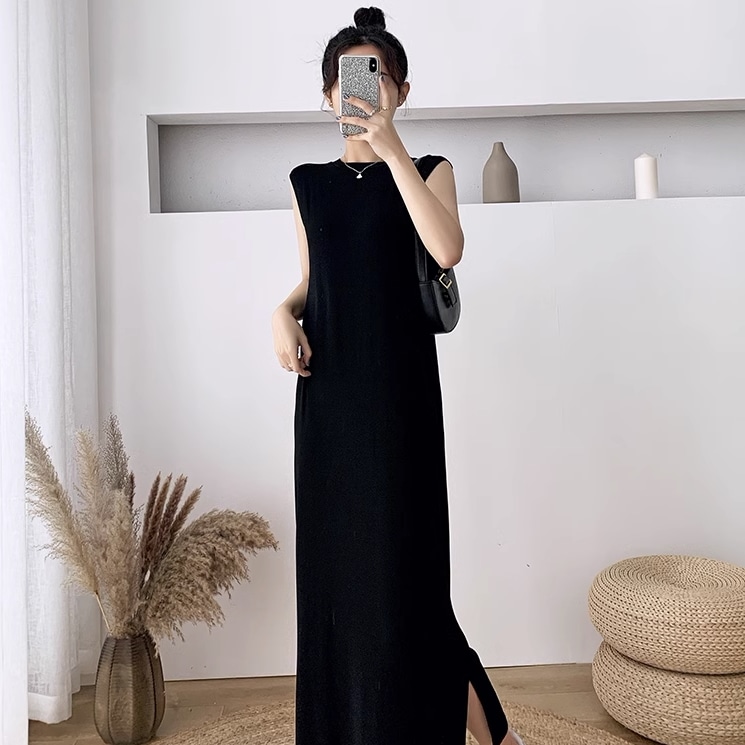 ワンピース ワンピドレス ロング ロング丈 袖なし ノースリーブ ラウンドネック 襟なし ストレート Iライン スリット サイドスリット ハイウエスト かわいい 大人可愛い シンプル カジュアル 大人