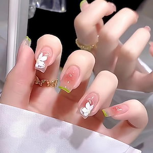 Ins風春夏は甲の甘美でかわいい頬紅桜美爪片緑辺フランス爪貼り製品卸売り