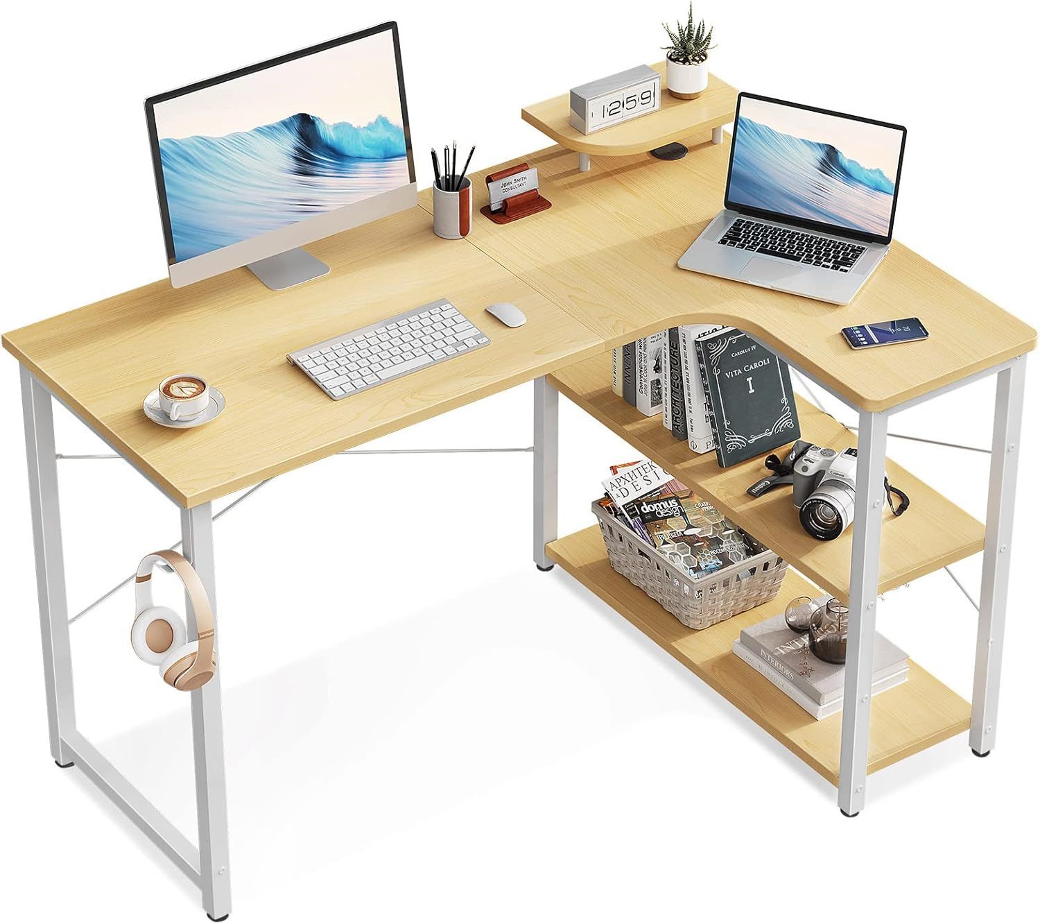 ゲーミングデスク L字 パソコンデスク 幅110 デスク desk 机 pcデスク 棚付き オフィス ワーク 在宅勤務 桌子 勉強机 組立簡単 ナチュラル 右棚