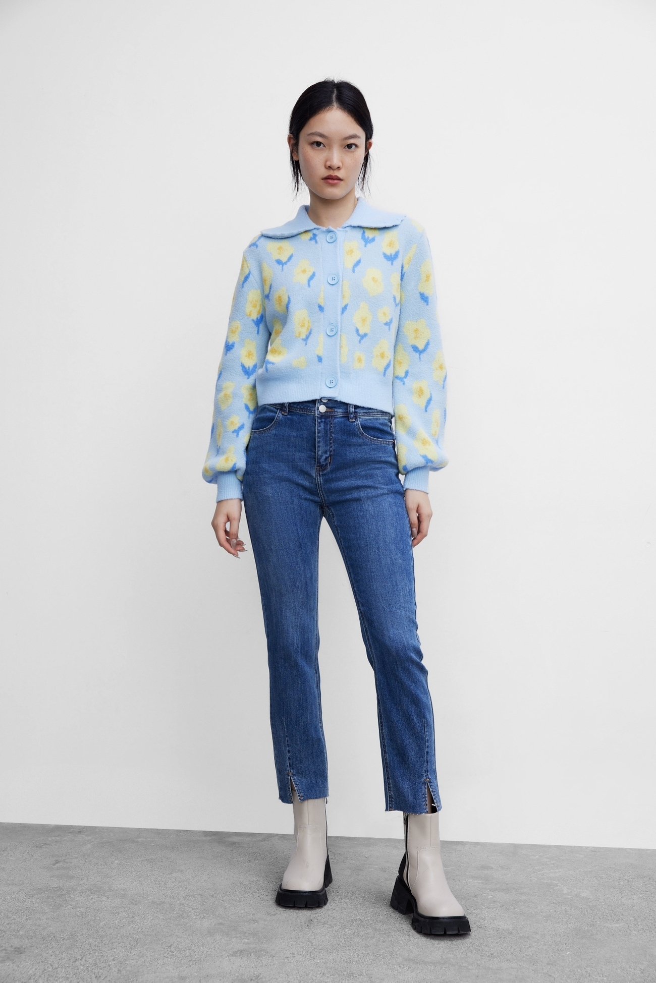 夏 秋 冬 婦人服 レトロ フラワー 花 ショート ニット ジャケット 鮮やか 花柄 ふんわり ライトブルー XS S M L XL トップス シャツ ニットソー 袖あり 長袖 かわいい 大人可愛い 14,726円