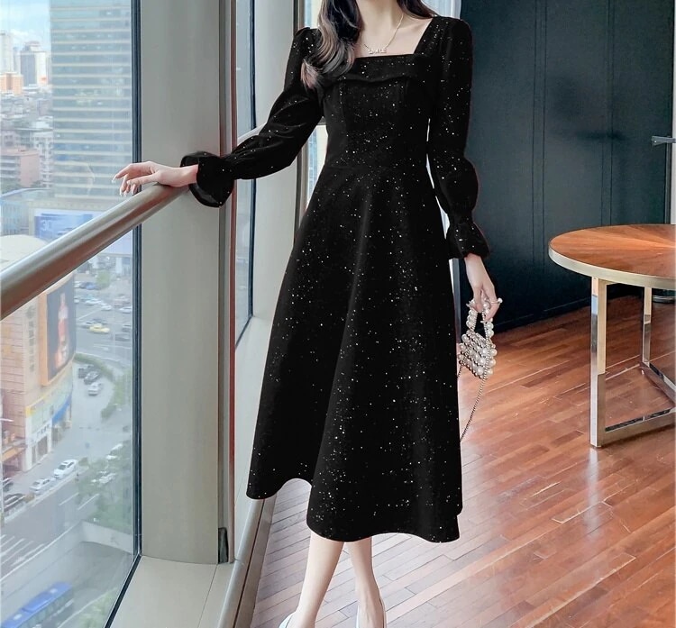 ワンピース　ロングワンピース　ロング　膝丈　ショート丈　ウエストマーク ハイウエスト　ドレス 長袖 ベルベット スクエアカラー　シフォン　フレア　フリル　スリット　エレガント　清楚感　大人可愛い　大人