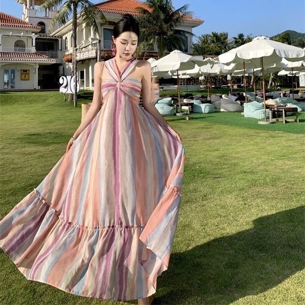 ドーパミン衣装レインボーストライプキャンディーカラー絞り染めグラデーションバックレスロングスカートシーサイドバケーションホルタードレスレディース