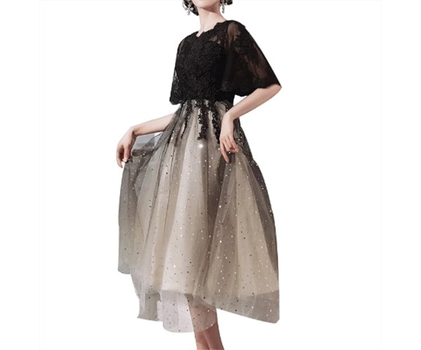 レディース ドレス パーティードレス ウェディング パーティー 結婚式 二次会 披露宴 膝下 ミモレ 半袖 フレアスリーブ ベルスリーブ スリム 細身 ウエストマーク 切り替えデザイン ドッキング