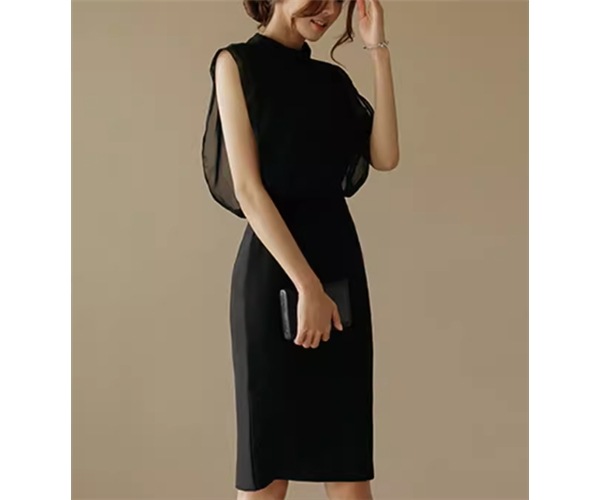 レディース ドレス イブニングドレス パーティードレス ブラックドレス 膝丈 ミドル丈 袖なし ノースリーブ スタンドカラー 背中開き シフォン バックスリット ファスナー ハイウエスト 大人可愛い