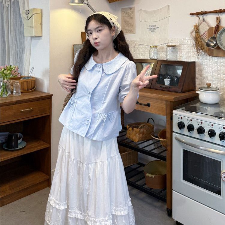 【3日出荷】 日系甘め リボン ピーターパンカラーブラウス＆スカート ゆったり 2026夏新作 レディース
