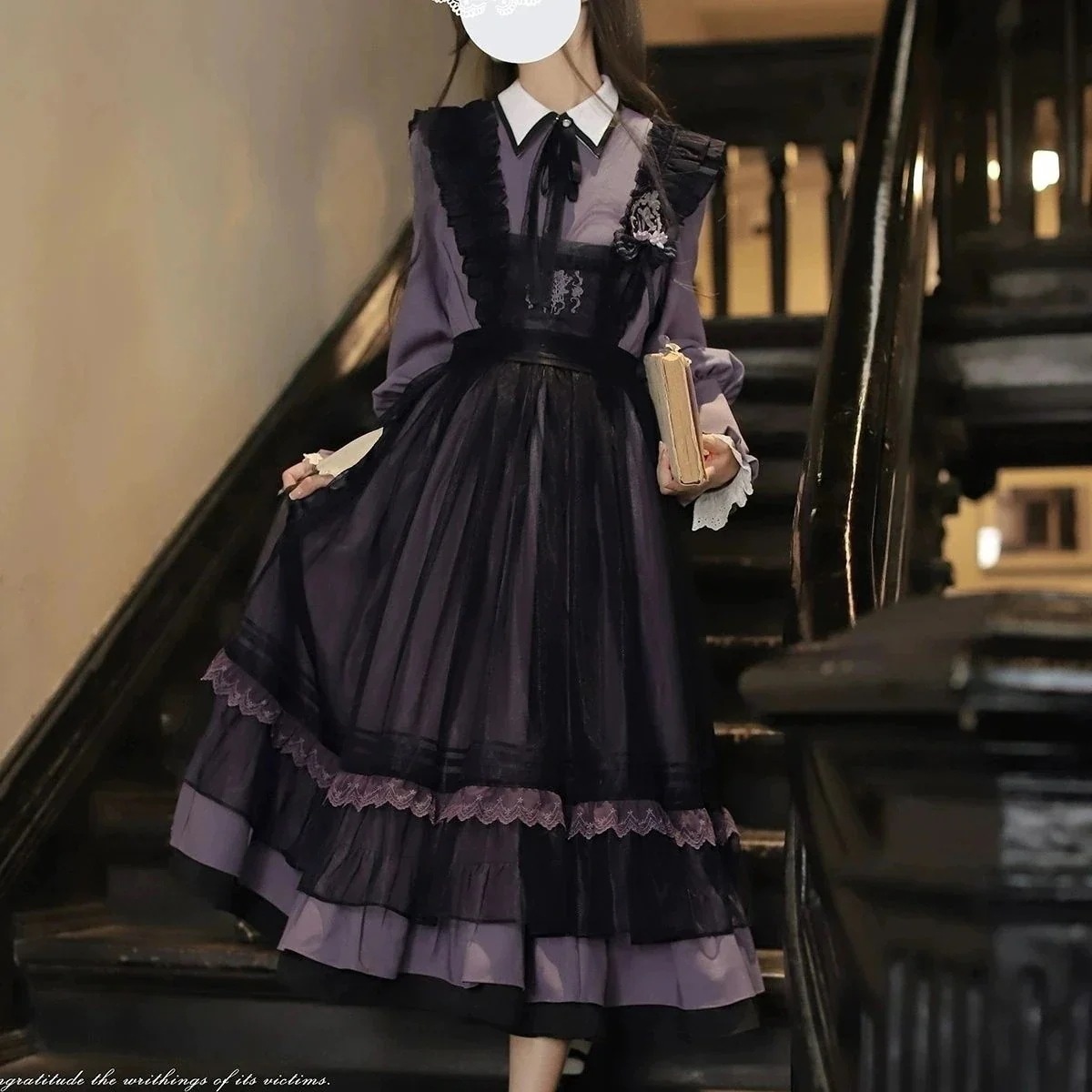 【3日出荷】 長袖 ワンピース ロリータ アカデミック グレーパープルブラック 刺繍 チュール オーバースカート ドレス 2026新作