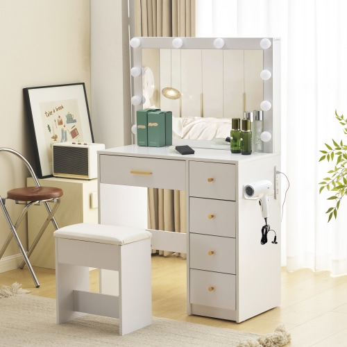 【日本発送】ドレッサー 化粧台 テーブル 鏡台 ライト付き 3色LED ドライヤーホルダー コンセント付き 女優ミラー 引き出し 収納 椅子 セット サイド収納 メイク台 シンプル 大容量 可愛い