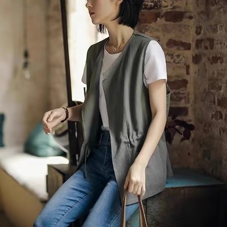 レディース トップス ベスト ロング 袖なし ノースリーブ Uネック ラウンドネック ウエストマーク ウエストリボン ポケット ハイウエスト リネン 綿 異素材ミックス コットン 麻 きれいめ