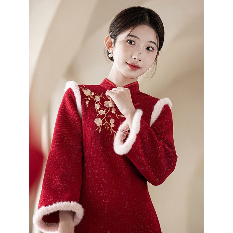 ワンピースドレスドレス赤いチョンサム服花嫁の冬とフリースの厚い温かい新しいの結婚式の婚約ドレス