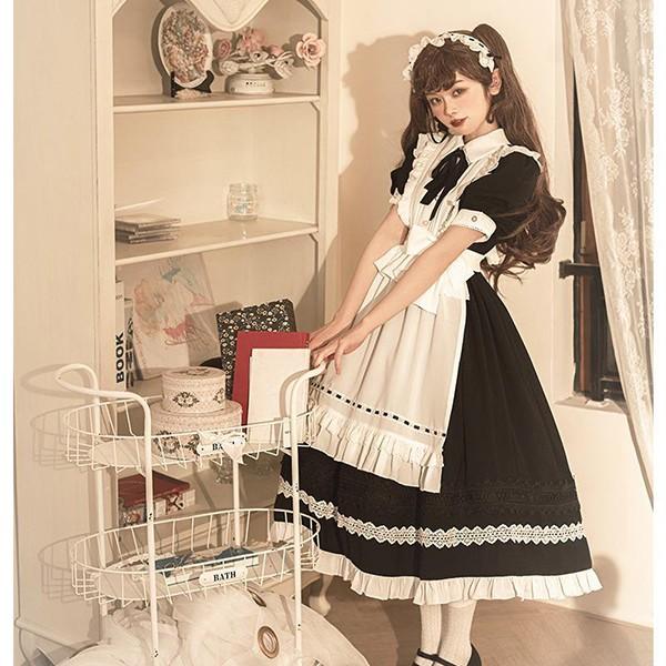 即納 メイド服 ロリータ ワンピース Lolita OP 長袖 半袖 エプロン カチューシャ付き 通販 文化祭 学園祭 コスプレ衣装 ゴスロリ