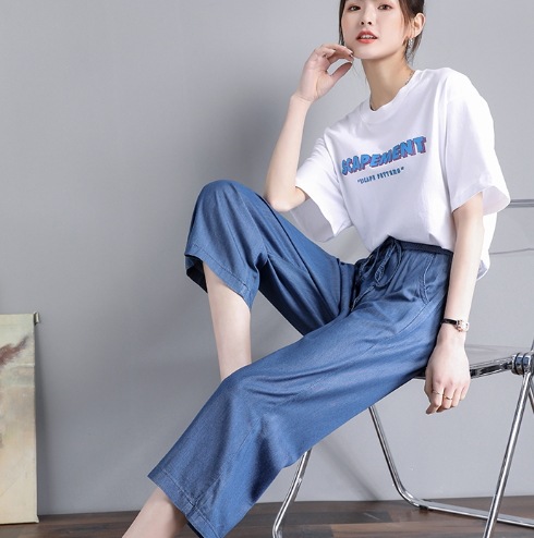ボトムス ワイドパンツ 7分丈 デザイン ウエストゴム 美ライン ニュアンス ベルト ウエストマーク ドローコード デニム ブルーデニム リラックス かわいい 大人可愛い きれいめ シンプル