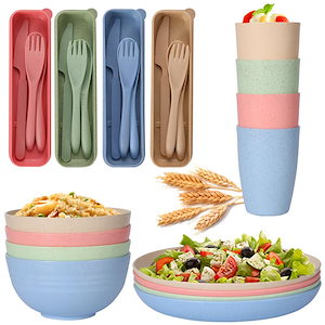 麦わら ストロー食器 28点セット 4人用 子供食器セット カップ ボウル プレート スプーン カトラリー 割れにくい 軽量 電子レンジ温め 食洗機対応