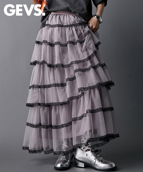 ロングスカート チュールティアードマキシスカート 大きいサイズ有 GEVS.