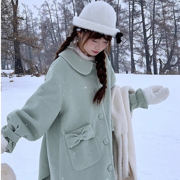 ステンカラーコート ビッグリボン 冬服 レディース ジャケット ミディアムコート ミモレ丈 ロリータ アウター 小柄 可愛い 学生 通学 通勤 着瘦せ 女の子 長袖 袖あり 秋 冬 衣装 厚地 裏地コ